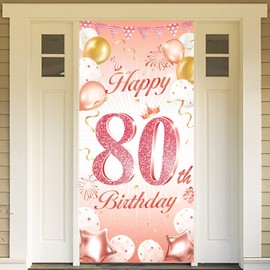 DPKOW Rose Gold 80th Birthday Party Decoration for Woman, Rose Gold 80th Birthday Banner for Backdrop Door Decoration, Fabric 80th Birthday Background Banner for Garden Wall Decoration, 185x90cm