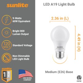 Sunlite A19 Standard LED Light Bulb, 9 Watts (60W Equivalent), 800 Lumens, Bulk 48 Pack, 120 Volts, Non-Dimmable, Medium E26 Base, RoHS, ETL Listed, 4000K Cool White