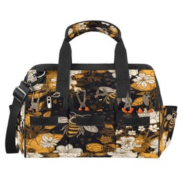 Yellow Floral Bee Wide Mouth Tool Bags for Men and Women Bee 14.8-Inch Tool Tote Bag Pouch Heavy Duty Tool Organizer Bag with Adjustable Strape for Plumbers Electricians Handymen