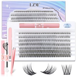 LZM Eyelash Extensions Set, 168 Pieces, Lashes Extension Set, 8-16 mm, DIY Lash Extension Set, D Curl, Natural Thin Band, Eyelash Extensions with Individual Eyelashes, Glue, Bond & Seal (LZ05-D Curl