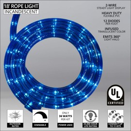 Wintergreen Lighting 18' Incandescent Blue Rope Light Kit – Light Rope Outdoor, Christmas Light Rope Light Blue Color – Includes Rope Light Clips and Power Cord, 120V, ½ Inch, 2-Wire (18', Blue)