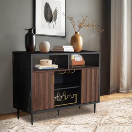 GIA Wine Bar Cabinets with Fluted Door and Adjustable Shelving for Living & Dining Room, Faux Black Marble Print