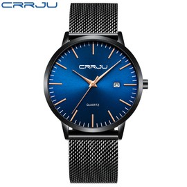 CRRJU Kajun 2172 new thin men's quartz movement business personality fashion simple mesh belt watch black blue rose needle