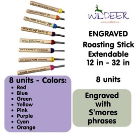 Wildeer | Roasting Sticks Extendable | Engraved w S'mores Phrases | Stainless Steel w Wooden Handle | Telescopic BBQ Fork | 32in | Smores, BBQ, Marshmallows (8 Extendable Sticks - PreDesign)