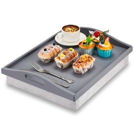 Tioncy Bamboo Lap Tray with Detachable Pillow 16.9'' x 13'' Lap Desk with Cushion Lap Trays for Adults Eating in Recliner Breakfast Bed Tray Serving Tray with Handles (Grey,1 Piece)