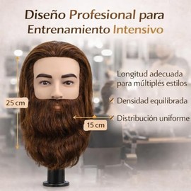 Cabeza de maniquí con 100% de cabello real, Cabeza de Maniquí Masculino con Barba, destinada a Formación en Peluquería y Estética (Marrón)