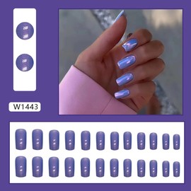 CTTHNBD Press on Nails Square - Medium Fake Nails with Chrome Design - Purple Blue False Nails Press ons - for Women 24 Pcs