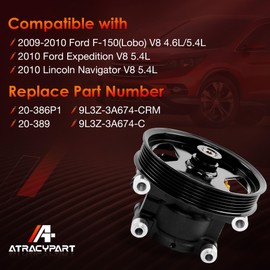 Power Steering Pump with Pulley, Compatible with 2009-2010 Ford F150 / Expedition/Lincoln Navigator, 4.6L / 5.4L V8, Replace# 20-386P1, 20-389, 9L3Z-3A674-C
