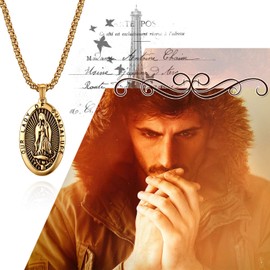 Flongo Rosary Chain Necklace, Stainless Steel Pendant Necklace Chain Silver Gold Golden Virgin Mary Saint Mary Mother of God Retro Medallion Men Women, Stainless steel, high-quality