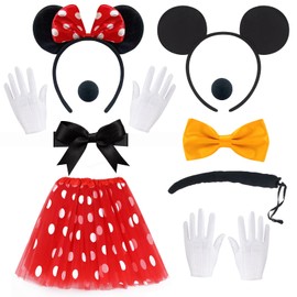ATOWORLD ATOWORLD Mouse Kostüm Damen Erwachsene mit Mouse Tutu Rock Rot Mouse Ohren Haarreif Nase Handschuhe Schleife Karneval Mini Mouse Kostüm Damen Frauen Mini Maus Kostüm Damen Erwachsene für Fasching