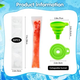 Popsicle Bags Pack of 50 Water Ice Bags, Ice Lollies, Ice Pop Bags, Popsicle Moulds Bag BPA-Free with Funnel, DIY Ice Moulds, Popsicle Pouches for Yogurt, Ice Candies, Ice Cream Party Favours
