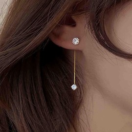 Atentuyi Wedding Diamond Earrings Gold Tassel Long Chain Earrings Bridal Dangle Earrings Mini CZ Stud Earrings Crystal Ear Jacket Rhinestone Threader Earrings Jewellery for Women and Girls, Zinc