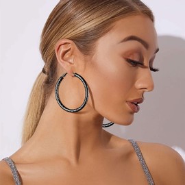 FOCALOOK Hoops Earrings Women's 60 mm Hoop Earrings Black Girls Women 5 mm Cross Pattern Tube Statement Hoop Earrings Fashion Jewellery Accessory for Everyday Wear Evening Dress, Stainless Steel, No