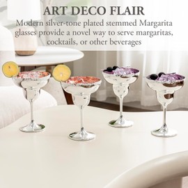 MyGift 10 Ounce Margarita Glasses with Modern Silver Tone Plated Finish, Cocktail Drinkware Stemware for Holiday, NYE Party, Wedding, Restaurant, Set of 4