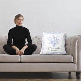 Exqcom Proverbs 31 Christian Pillow Covers 18x18, Christian Gifts for Women Teen Girls, Blue Tulip Floral Bible Verse Scripture Throw Pillow Covers for Girls Room Dorm, Proverbs 31 Woman Gifts