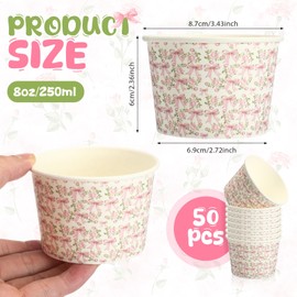 Jingmore 50 Pcs Paper Ice Cream Sundae Bowls 8 oz Disposable Dessert Cups Bulk Bows Rose Flowers Party Supplies Food Treat Cup Pink and White Paper Bowl Containers for Dessert Snack Yogurt Soup