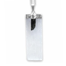 Black Tourmaline and Selenite Pendant on Sterling Silver Chain Necklace - Handmade by mmCrystals™ - Natural Stone Pendant Crystal Healing Necklace