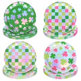 FYSUIMU FYSUIMU St. Patrick's Day Foil Paper Plates Shamrock Clover Plaid Disposable Plates 9 Inch Irish Pink Green Party Tableware for Birthday Holiday Table Decor Supplies, 24 Pcs