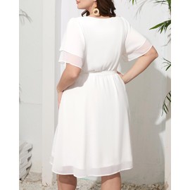 Plus Size White Womens Wedding Chiffon Dress Bridal Shower Short Ruffled Sleeves Bride Semi Formal Midi Flowy Dresses