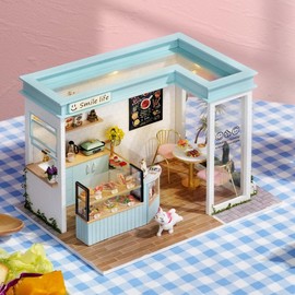 CRIOLPO DIY Miniature Dollhouse Kit, Tiny House Model Kits, DIY Doll Room Miniature House Kit, DIY Wooden Crafts Doll House, Tiny Handmade Kit With Furniture, For Unique DéCor - Smile Light Restaurant