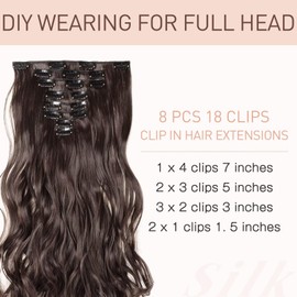 Silk-co Hairpiece Extensions Clip in Hair Extension Long Curly Wavy 8 Pcs Full Head 18 Clips Synthetic Heat Resistant [17 inch Dark Brown]