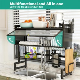 3 Tier Over Sink Dish Drying Rack, Kitchen Sink Rack Dish Storage with Cover for for Dishes, Glasses, Bowls and Cutlery, Dish Drainers Organizer for Kitchen Counter Storage