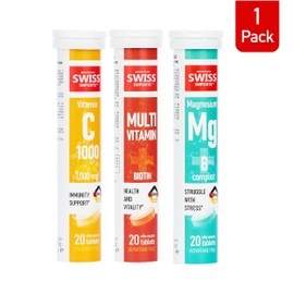Swiss Imports Effervescent Variety Pack with Vitamin C 1000mg, Magnesium + B Complex, Multivitamin + Biotin, 3-Pack, 60 Tablets