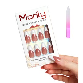 Morily Pink White French Tip Press on Nails - 30Pcs Thicker Fake Nails with Design, Full Cover Long Coffin False Nails Reusable Acrylic Stick on Nails in 15 Sizes, Include Glass File
