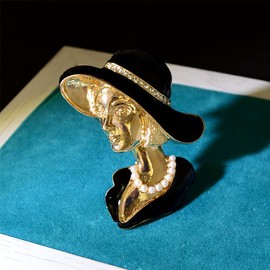 Vintage Alloy Rhinestone Brooch Painting Oil Black Sun Hat Pretty Lady Abstract Portrait Brooch Pin Coat Sweater Accessories for Women Wedding Corsage