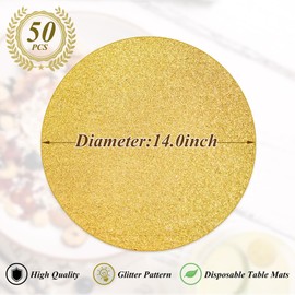 50 Pieces Gold Glitter Paper Place Mats Sparkle 14'' Round Disposable Table Mats Golden Sequin Doilies Decorative Placemats for Wedding Banquet Party Home Dining Tableware