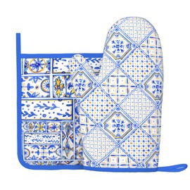 Blue Boho Geometric Silicone Oven Mitts Pan Mats Set of 2, Heat Resistant Gloves Potholder with Non-Slip Grips Hanging Loops Pot Holder, Spring Summer for Chef Cooking, Baking, Grilling, BBQ