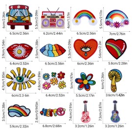 Qwrqwr Children's 16 Pieces Hippie Style Iron-On Patches Kit Iron-On Patches Vintage Embroidery Set for Adults Colourful Repair Decoration for Jeans Backpack Jackets Textiles for DIY Crafts