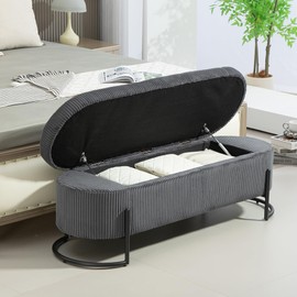 JIJIWANG 52.36" Storage Bench Ottoman End of Bed Bench Bedroom Bench, Upholstered Fabric Oval Window Bench with Safety Hinge, Flipping Lid Entryway Footrest for Living Room & Bedroom(Dark Gray)