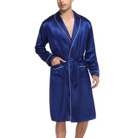 SWOMOG Men's Long Satin Robe Silk Kimono Bathrobe with Shorts Set Lightweight Sleepwear Robe Spa