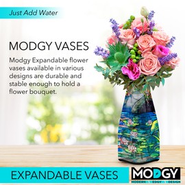 MODGY Expandable Flower Vase, Plastic Decorative Modern Foldable Printed Vases for Centerpieces for Wedding, Dining Table, Home Decor, Living Room, Bathroom, Louis C. Tiffany Mellon House Waterlilies