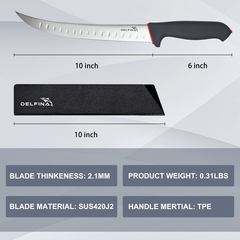 DELFINA Curved Breaking Knife 10 inch W/Sheath & SoftGrip Handle,