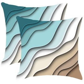 Blue Teal and Grey Boho Throw Pillow Covers 20x20 Set Of 2 Summer Outdoor Abstract Stripe Pillows Cover Mid Century Modern Decorative Pillow Case Farmhouse Cushion Cover for Home Couch Bed Sofa Decor