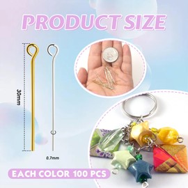 TOAOB 200pcs Eye Pins for Jewelry Making 30mm Gold Silver Head Pins Brass Open Head Pins Findings for DIY Crafts Necklaces Bracelets Earrings
