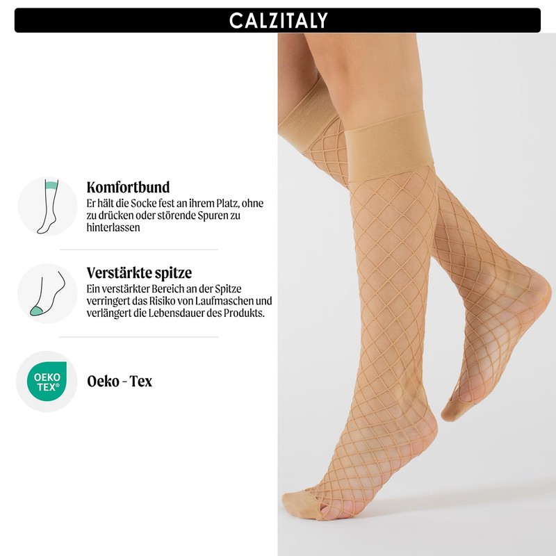 CALZITALY 2 Pairs Knee Fishnet Stockings Large Hole Pattern Black