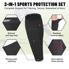 4 Pack Shin Defender Shin Guards Kids and Elastic Ankle Straps, Calf Compression Sleeve with Honeycomb Pads, Shindefender Shin Guards Soccer, for Sprains, Achilles Pain, Sports Running (Black, XL)