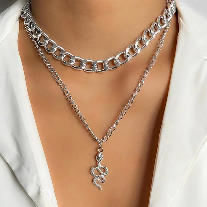 Inateannal Layered Chunky Chain Necklaces Silver Chunky Snake Pendant Necklace