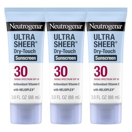 Neutrogena Ultra Sheer Dry-Touch Loción de protección solar SPF 30, 3 x 3 fl oz | Cara y cuerpo, ligero, no grasoso, amplio espectro UVA/UVB, sin fund