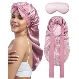 AWAYTR Long Hair Bonnet for Sleeping - Double Layer Long Elastic Tie Band Satin Bonnet for Women with Sleep Eye Mask (Rose Gold)