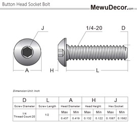 1/4-20 x 1/2" Button Head Socket Cap Screws, 18-8 Stainless Steel (304), Bright Finish, Fully Threaded, Allen Hex Drive, 50 PCS