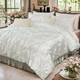 Bedbay White Satin Full Comforter Set with Sheets,Pinch Pleat Bedding Set Room Decor Aesthetic,Full Size Bed in a Bag,Silk Like Satin Bed Sheets,Soft Silky Luxury Comforter Satin Bed Set 10 Pcs