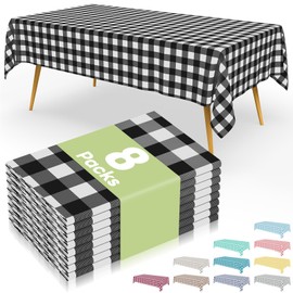 Smiry 8 Packs Gingham Disposable Table Cloth, 54 x 108 Inch Waterproof Plastic Tablecloth, Rectangle Black and White Checkered Table Covers for Picnic, Birthday, Party