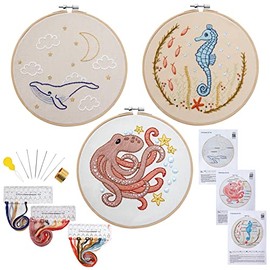 Armindou Embroidery Kits for Adults Beginners with Sea Animals Pattern, Easy Beach Stamped Cross Stitch Starter Kit, Modern Hand DIY Ocean Embroidery Art Kit, 3 Sets of Hoop, Fabric, Needle and Thread