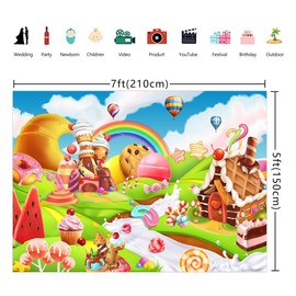 7x5FT Girls Birthday Candyland Backdrop Baby Shower Vinyl Cartoon Candy Rainbow Icecream Sweet Donut Lollipop Photography Background Party Banner Booth Props