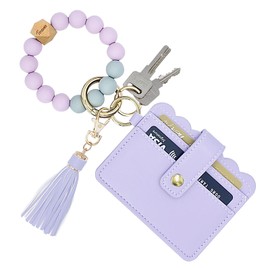 TSNSOEEO Wristlet Keychain Bracelet Wallet, Key Ring Silicone Bead Bangle, Tassel Card Pocket Key Chains for Woman