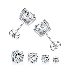 4 Pairs Real Gold Plated Round Stud Earring Set, Cubic Zirconia Hypoallergenic Earrings Pack for Women and Men (White Earrings Set)